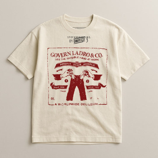 Cream t-shirt with red graphic: "Govern Ladro & Co. Profit Over People"