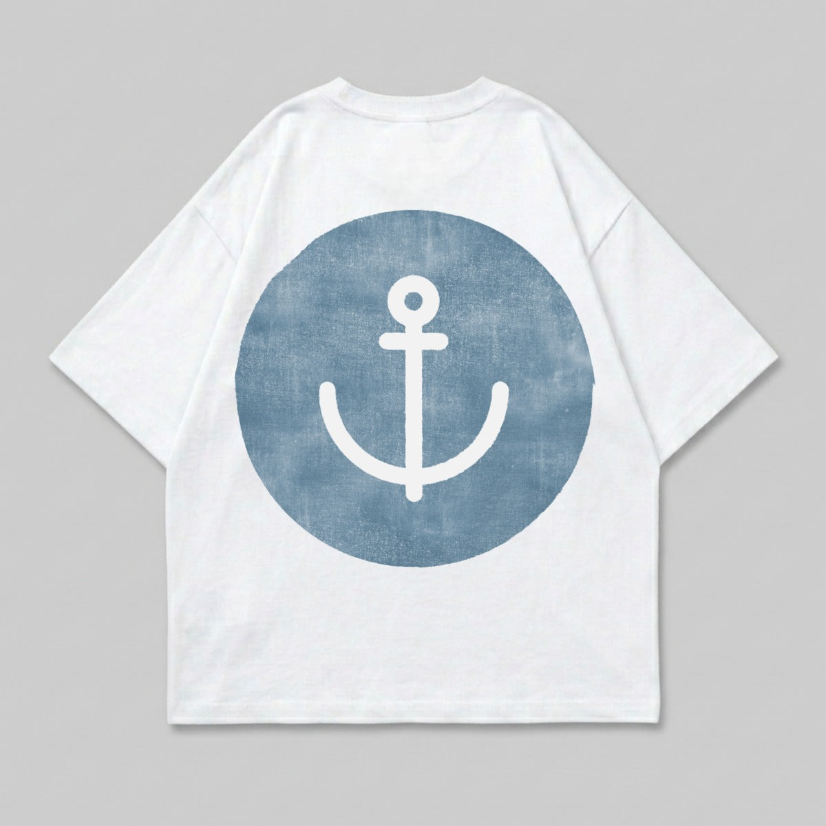 White t-shirt with a distressed blue circle and anchor graphic on back.