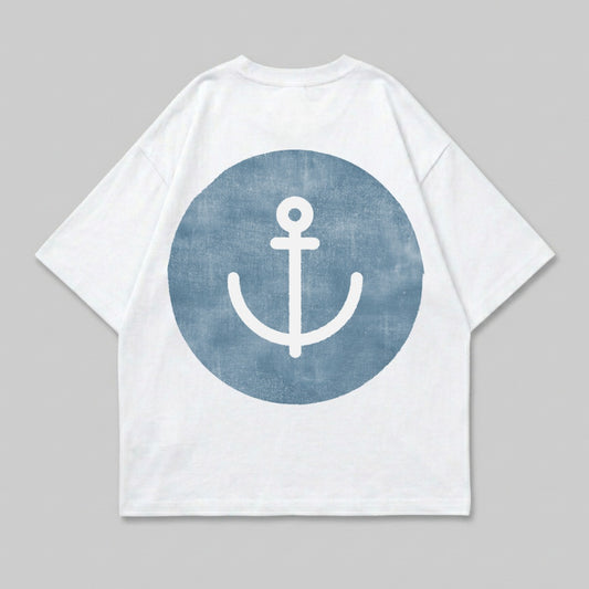 White t-shirt with a distressed blue circle and anchor graphic on back.