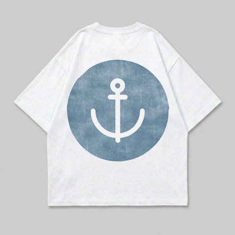 White t-shirt with a distressed blue circle and anchor graphic on back.