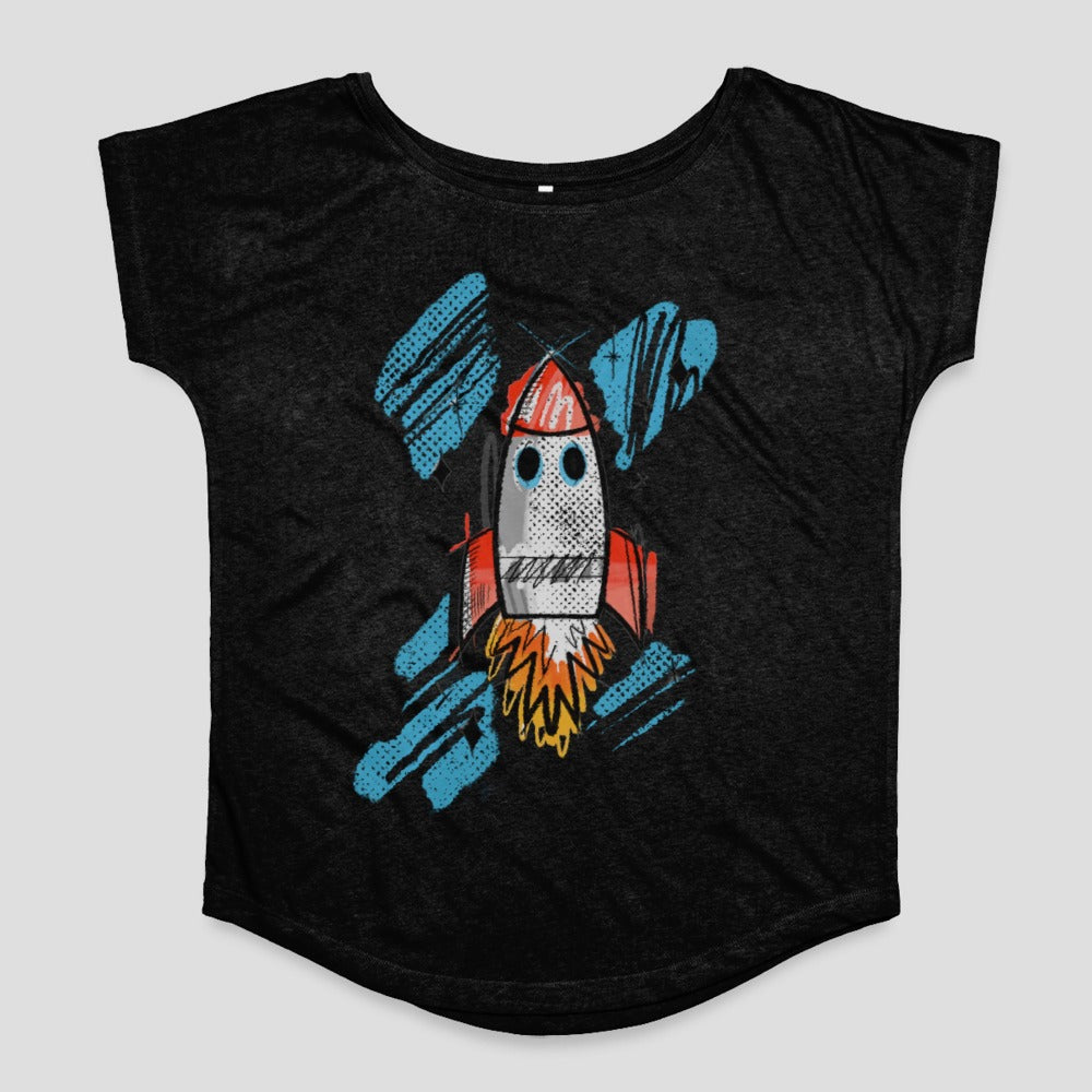 Colorful Rocket Ship Graphic on Black Shirt