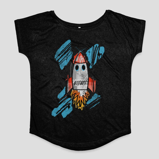 Colorful Rocket Ship Graphic on Black Shirt
