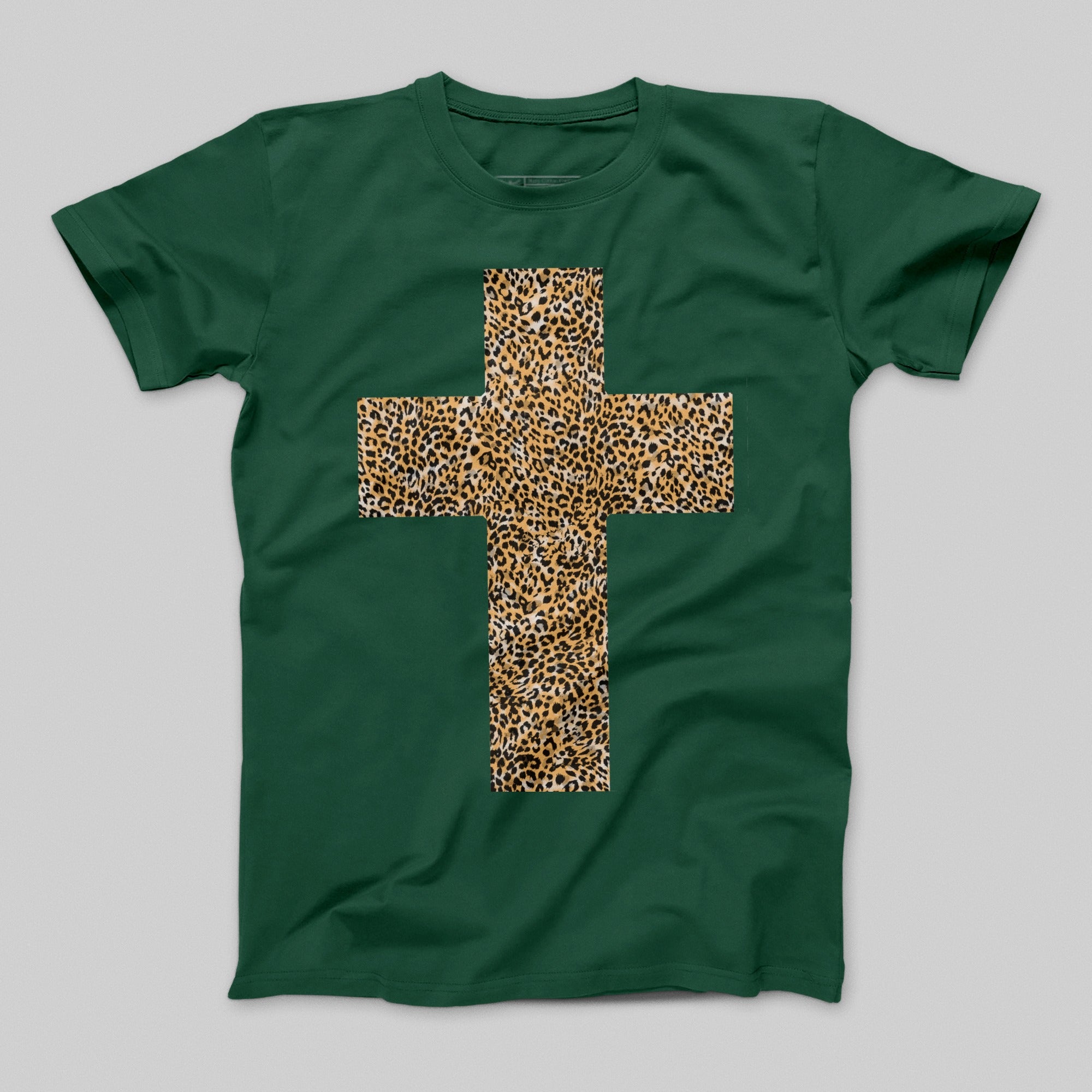 Leopard Print Cross Design Green T-Shirt