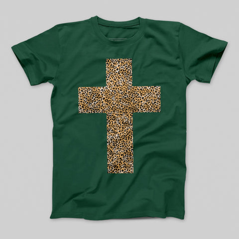 Leopard Print Cross Design Green T-Shirt