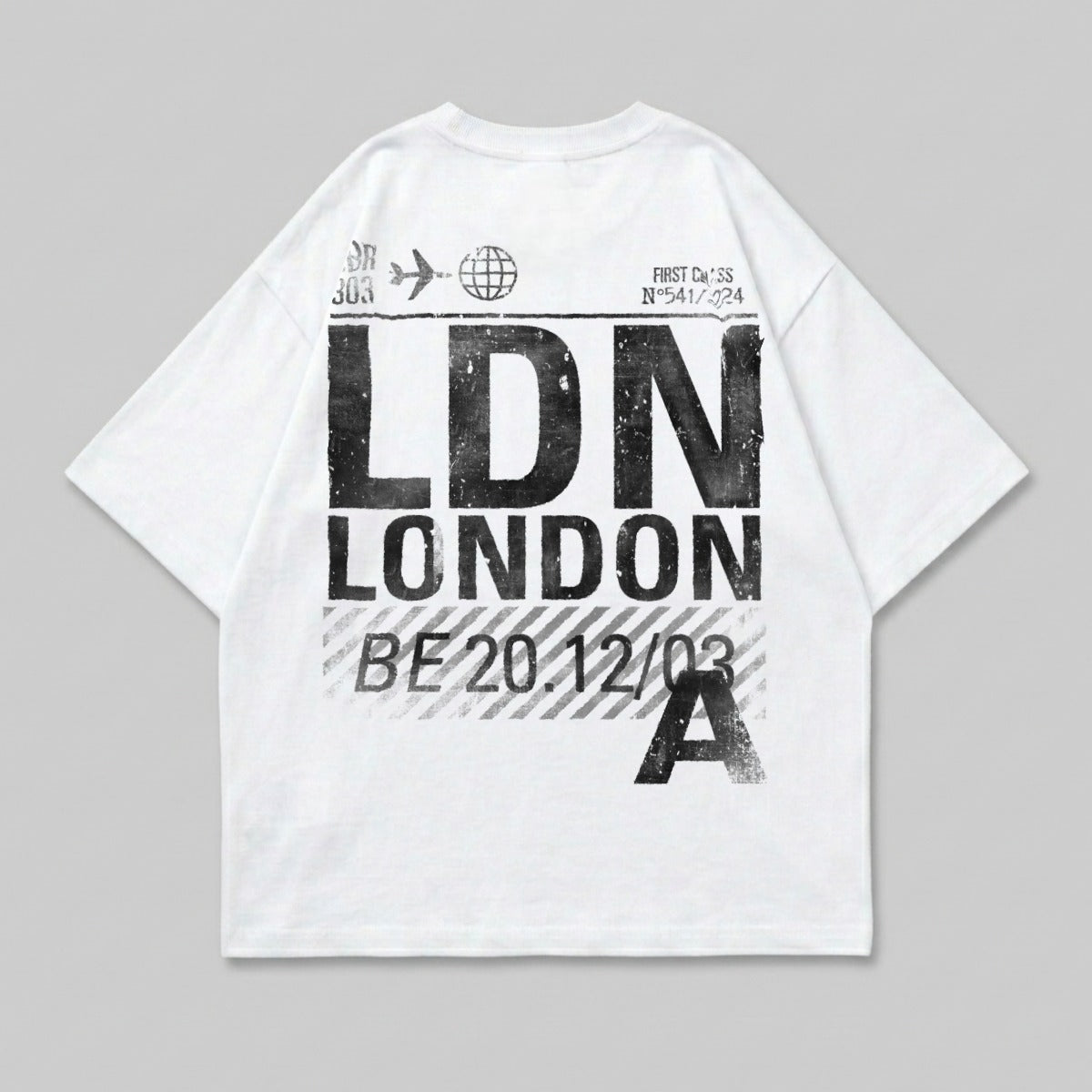 White t-shirt with "LDN LONDON" in large distressed black text.