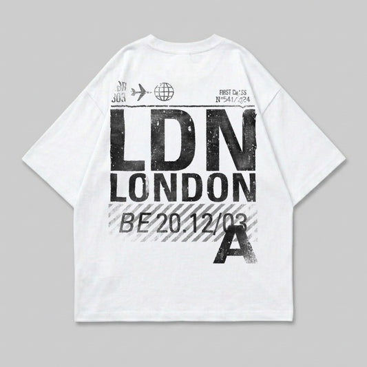 White t-shirt with "LDN LONDON" in large distressed black text.
