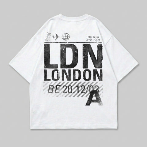 White t-shirt with "LDN LONDON" in large distressed black text.