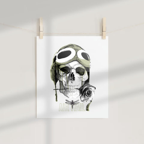 Skull with Goggles Skull with Rose and Air Mail Art Poster