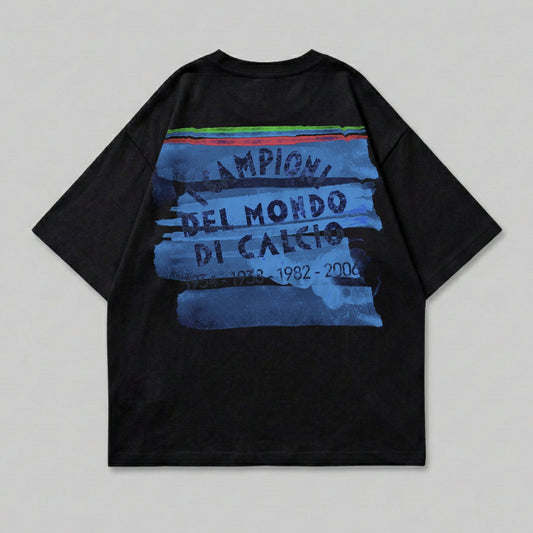 Black t-shirt with blue brushstrokes and "Campioni del Calcio" text.