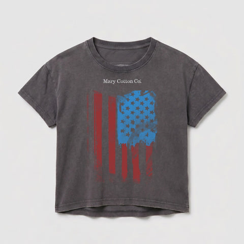 Dark gray t-shirt with distressed American flag graphic and "Mary Cotton Co." text.