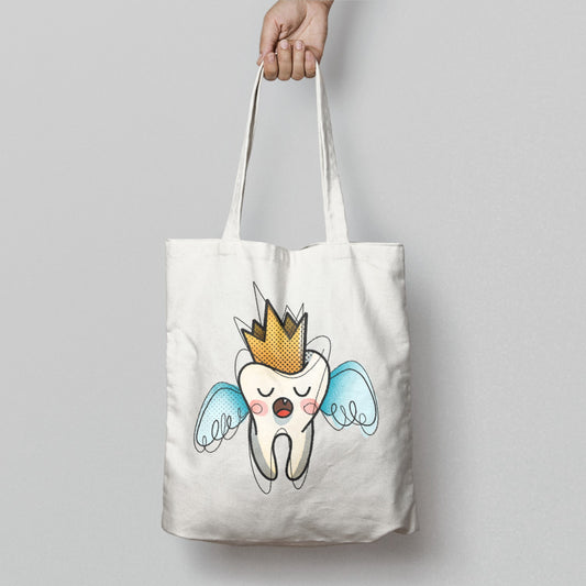Cute Tooth Fairy Design Tote Bag with Crown Illustration