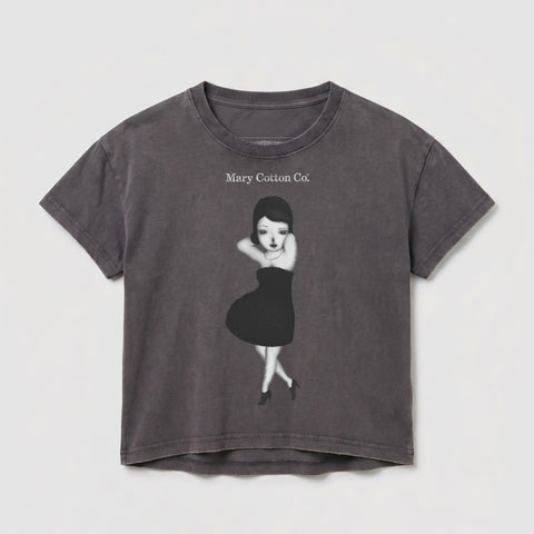 Grey t-shirt with a girl in a black dress illustration and "Mary Cotton Co." text.