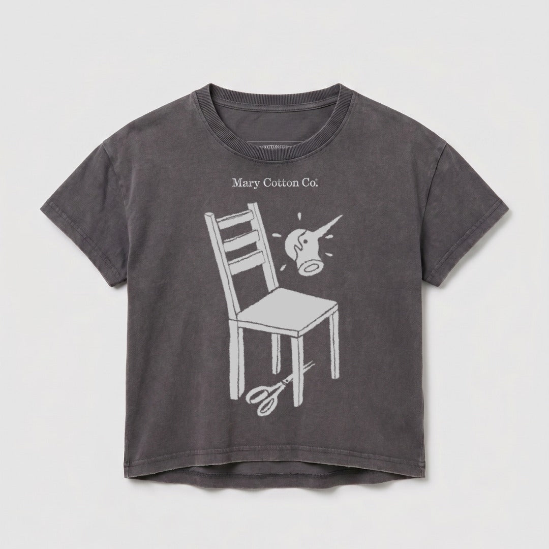 Gray t-shirt with a graphic of a chair, watering can, and scissors.
