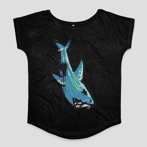 Vibrant Blue Shark Graphic on Black T-Shirt Product