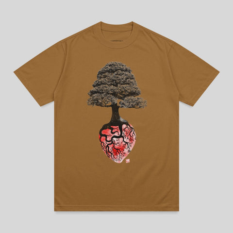 Brown t-shirt with an anatomical heart with a bonsai tree growing from it.
