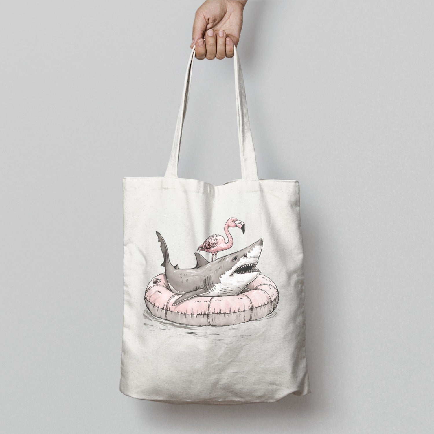 Flamingo on a Shark Float Illustration Tote Bag
