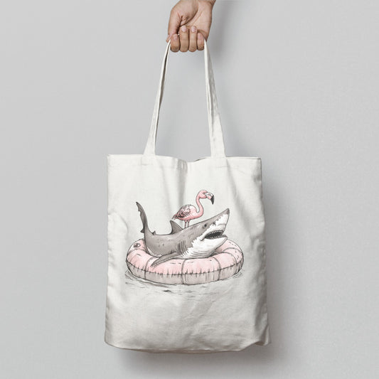 Flamingo on a Shark Float Illustration Tote Bag