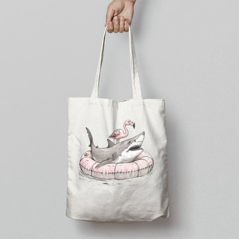 Flamingo on a Shark Float Illustration Tote Bag