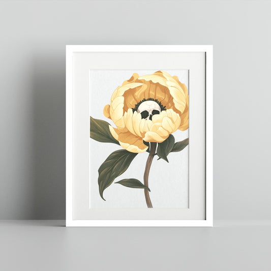 Unique Yellow Floral Art Print Decor with Skull Design