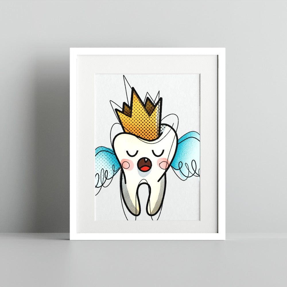 Crowned Tooth Cartoon Art with Blue Wings Art Print