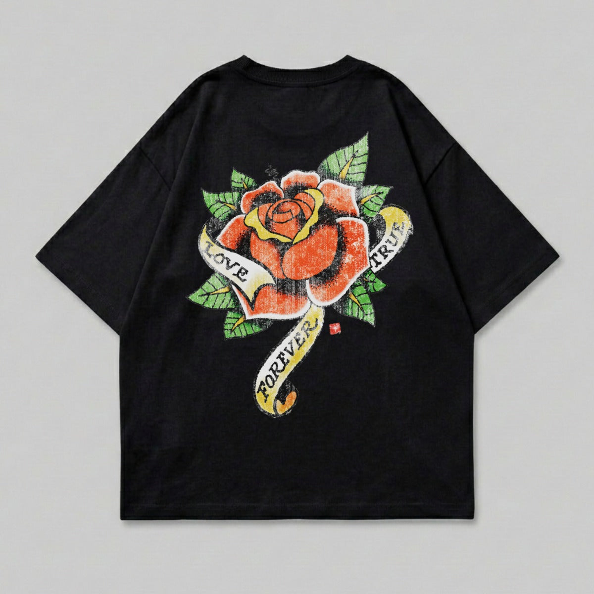 Black t-shirt with a red rose and banner reading "LOVE FOREVER TRUE".