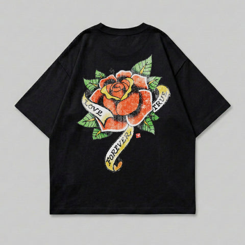 Black t-shirt with a red rose and banner reading "LOVE FOREVER TRUE".