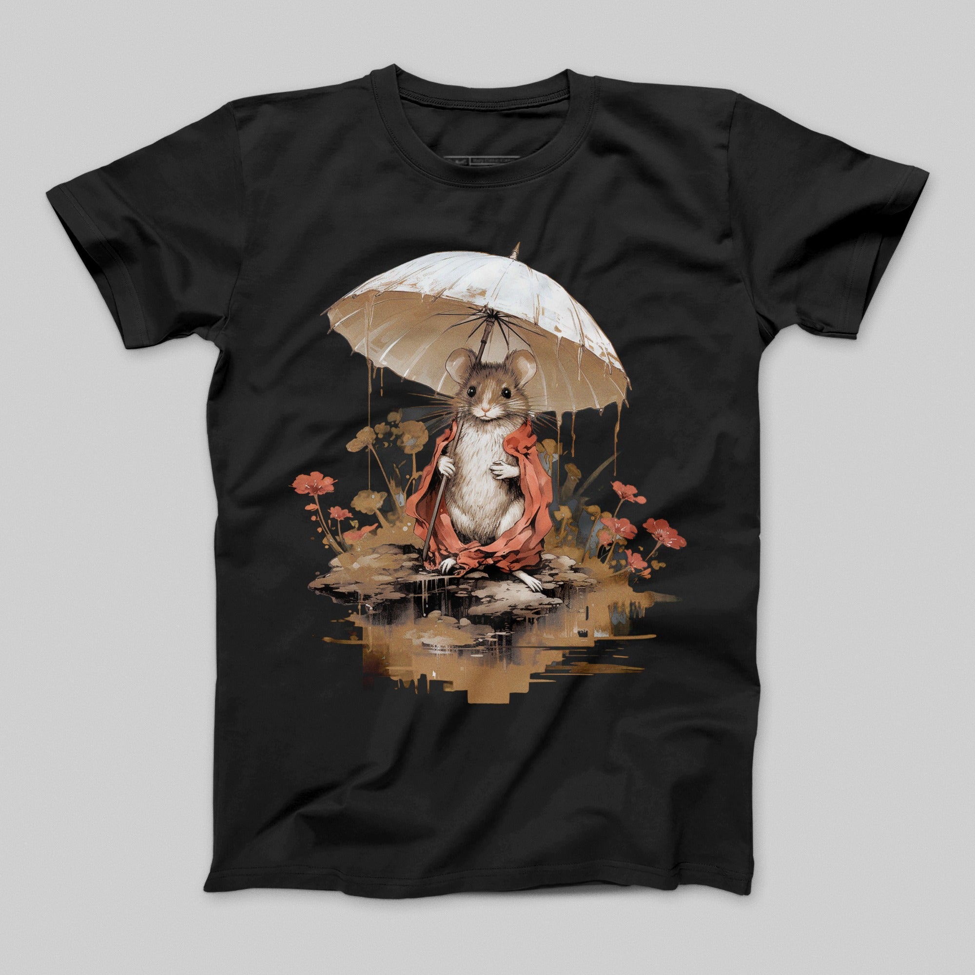 Cute Mouse with Umbrella and Floral Design T-Shirt