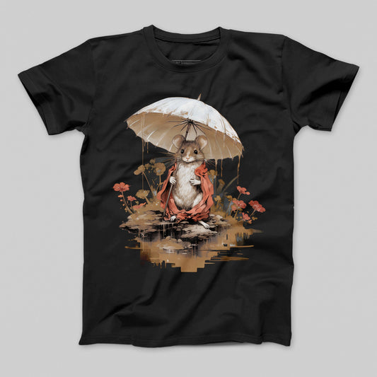 Cute Mouse with Umbrella and Floral Design T-Shirt