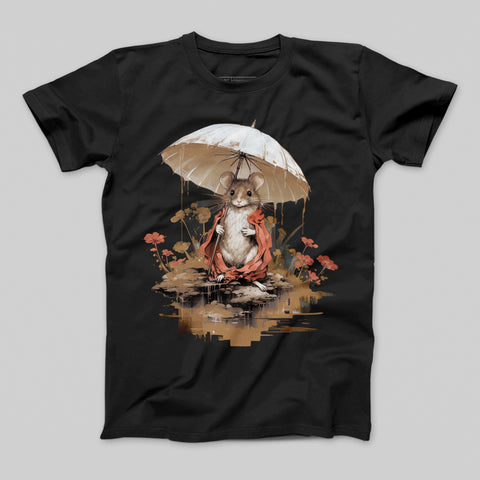 Cute Mouse with Umbrella and Floral Design T-Shirt