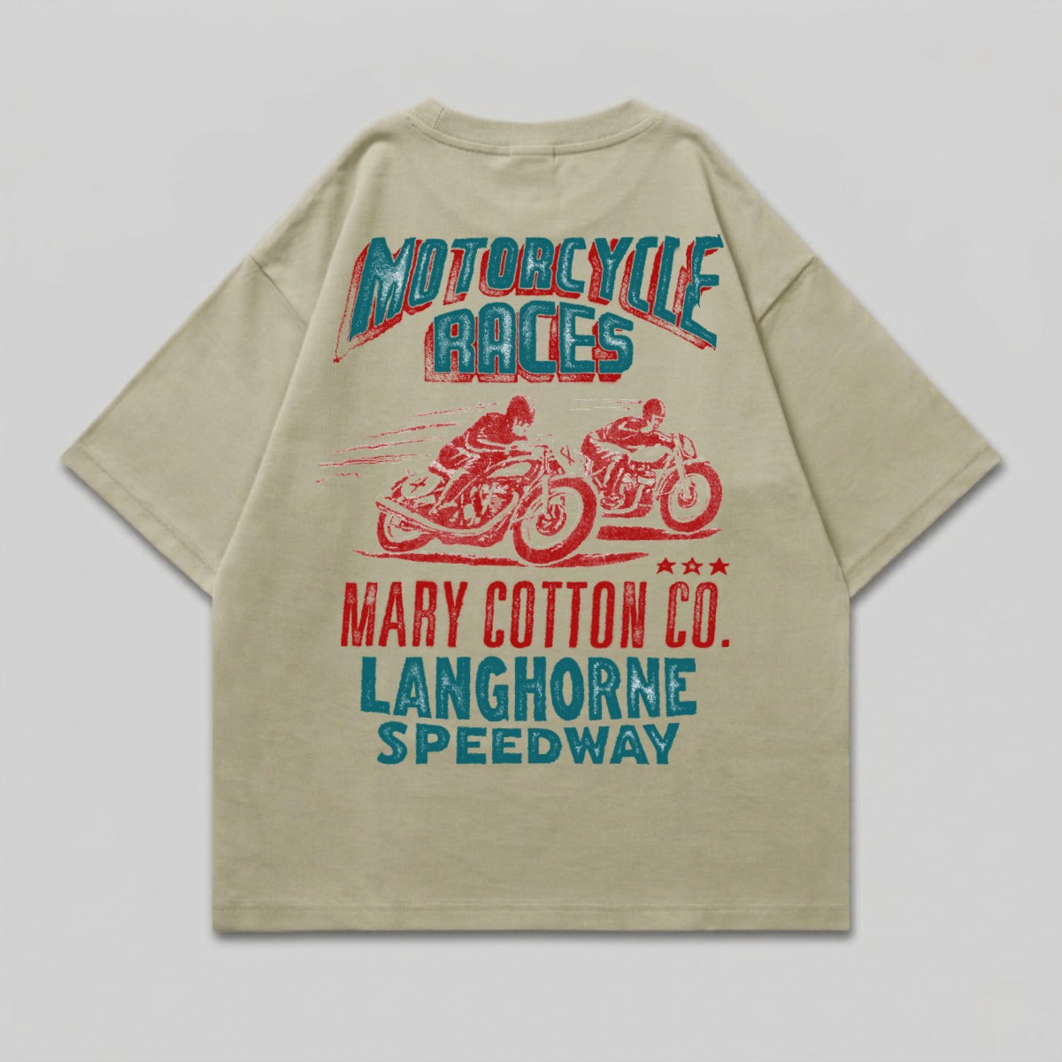 T-shirt with "MOTORCYCLE RACES" and "MARY COTTON CO. LANGHORNE SPEEDWAY" text.