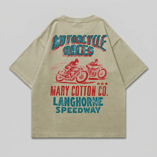 T-shirt with "MOTORCYCLE RACES" and "MARY COTTON CO. LANGHORNE SPEEDWAY" text.