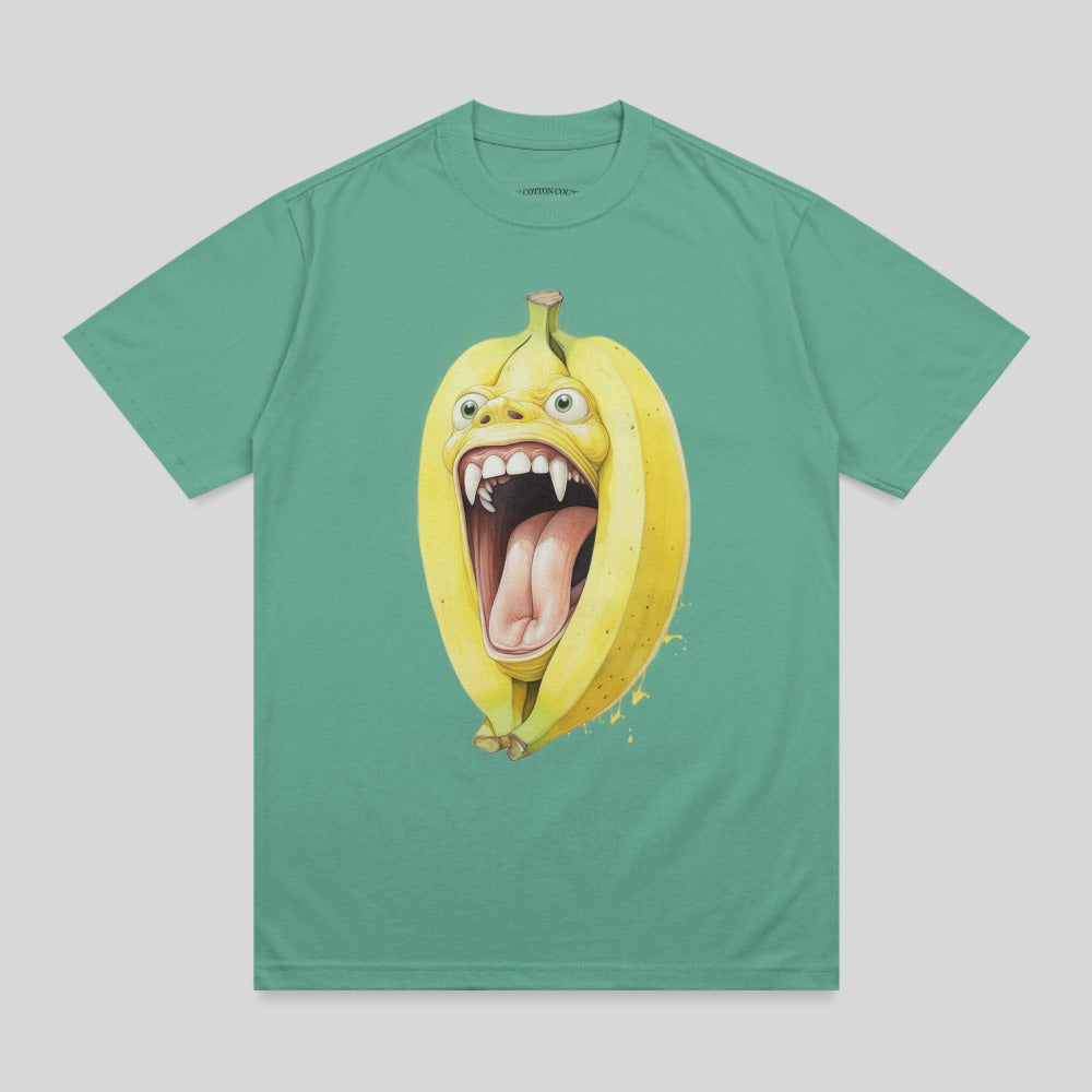 Screaming Fanged Banana Cartoon Monster Green Print product type