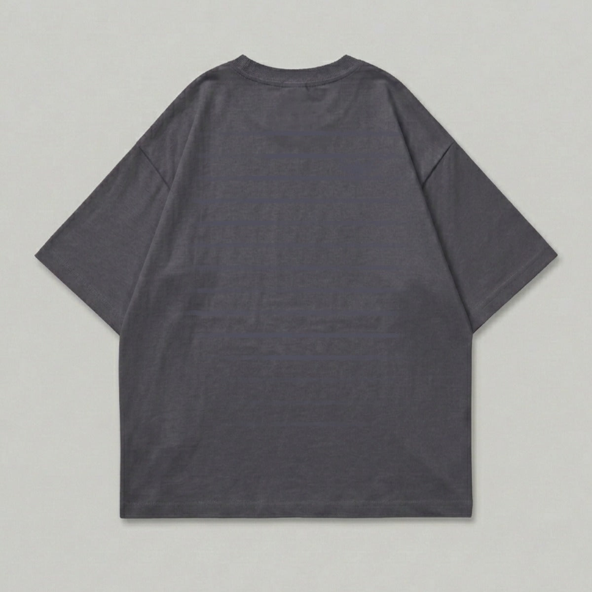 Dark grey t-shirt, back view, showing horizontal ribbed texture.
