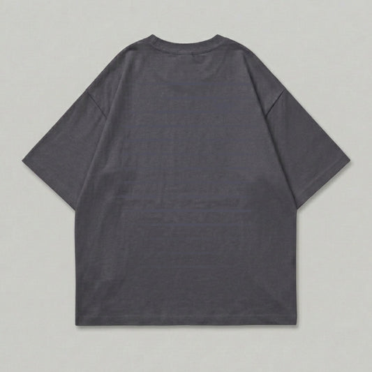 Dark grey t-shirt, back view, showing horizontal ribbed texture.