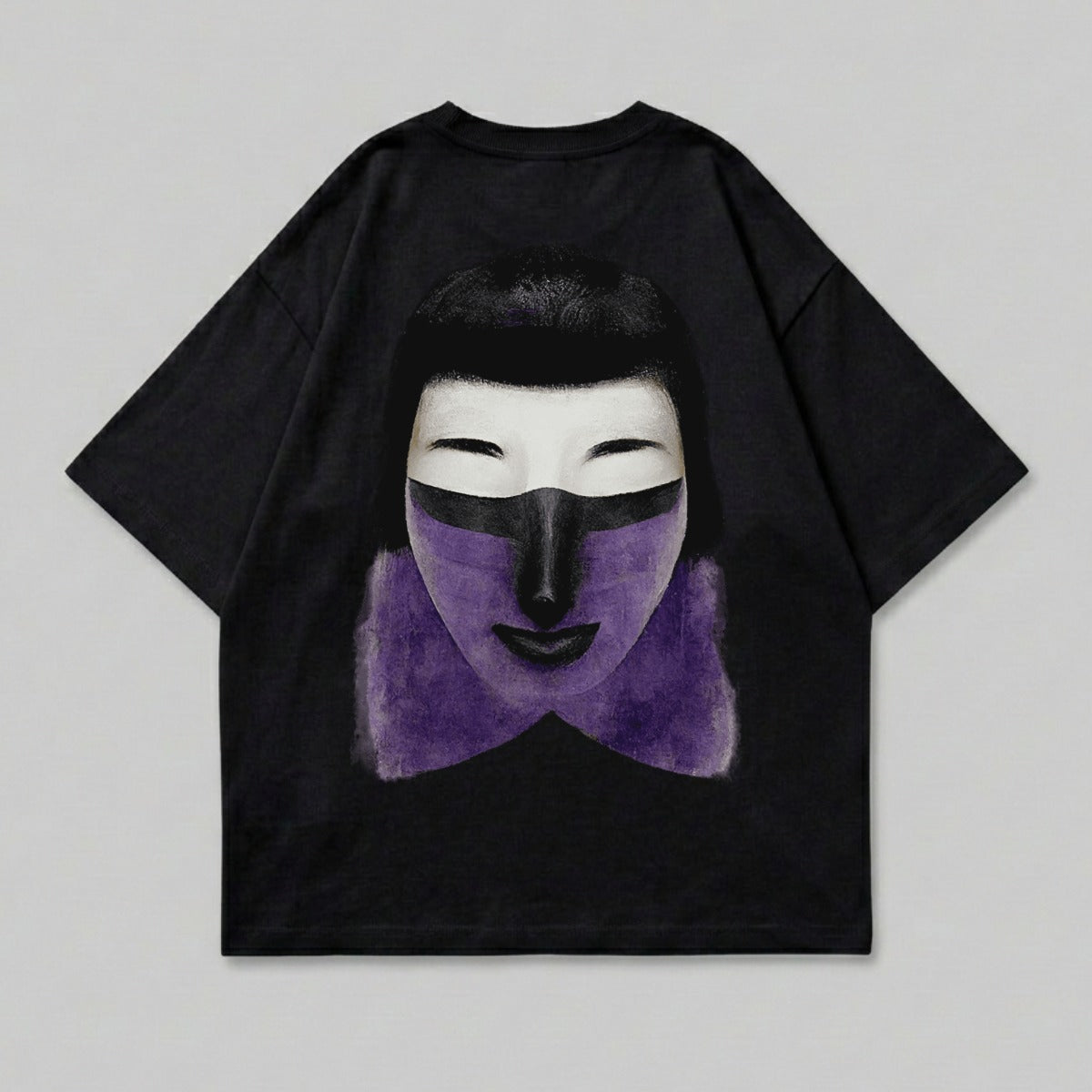 Black t-shirt with a purple abstract face graphic on the back.