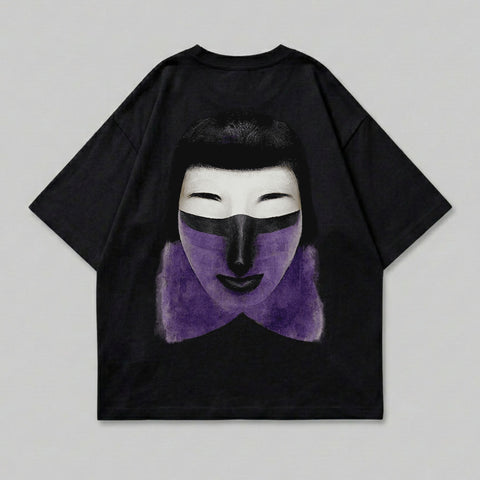 Black t-shirt with a purple abstract face graphic on the back.