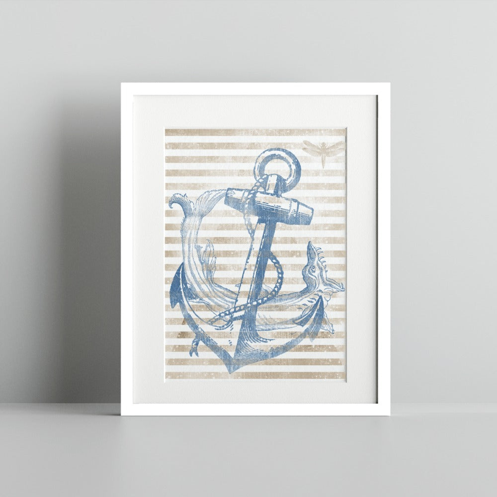 Vintage Nautical Anchor and Stripes Art Print Decor