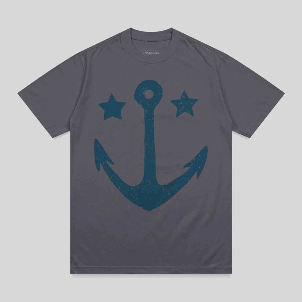 Dark gray t-shirt with a distressed blue anchor and two stars graphic.