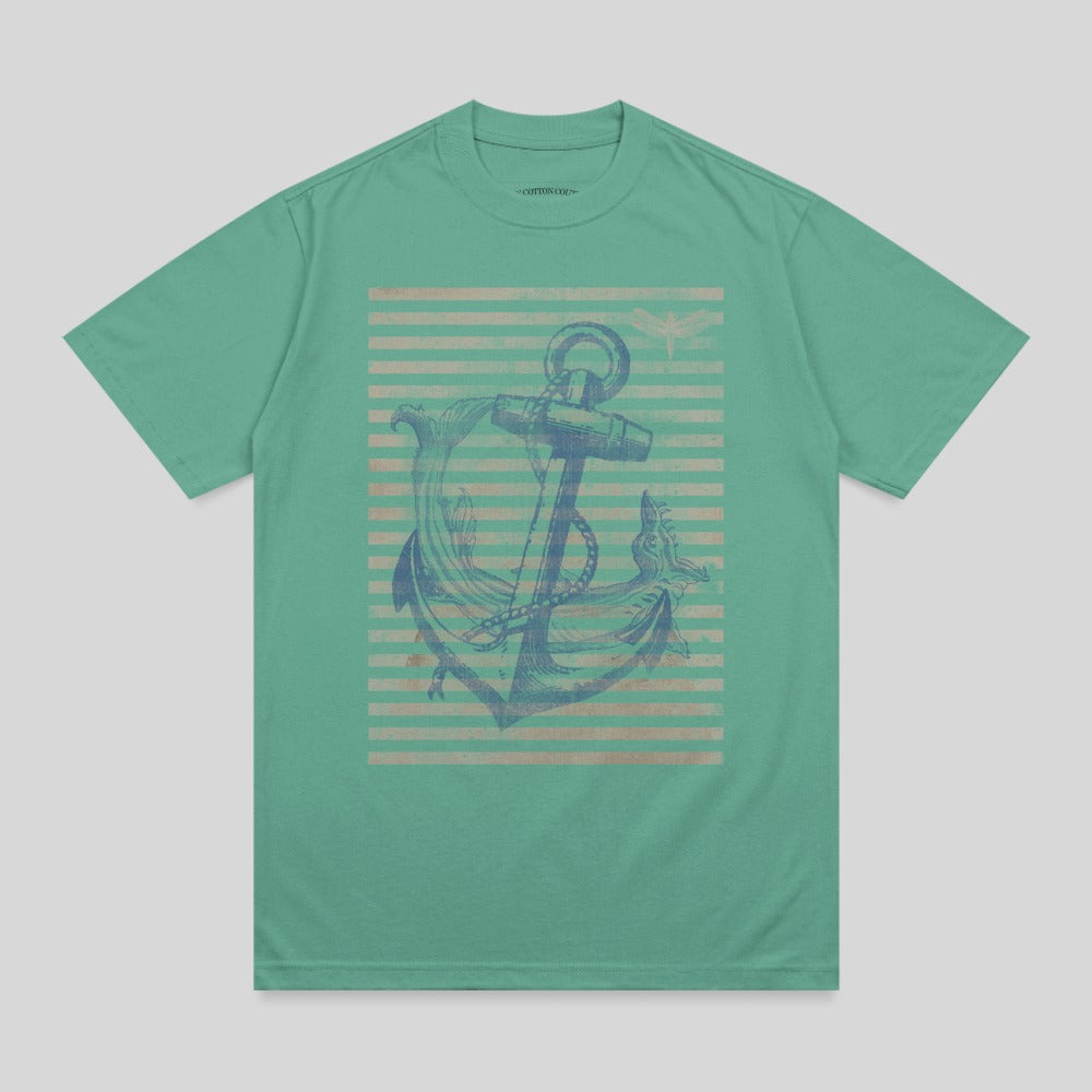 Green t-shirt with a blue anchor and dragonfly graphic over horizontal stripes.