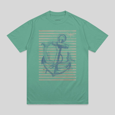 Green t-shirt with a blue anchor and dragonfly graphic over horizontal stripes.