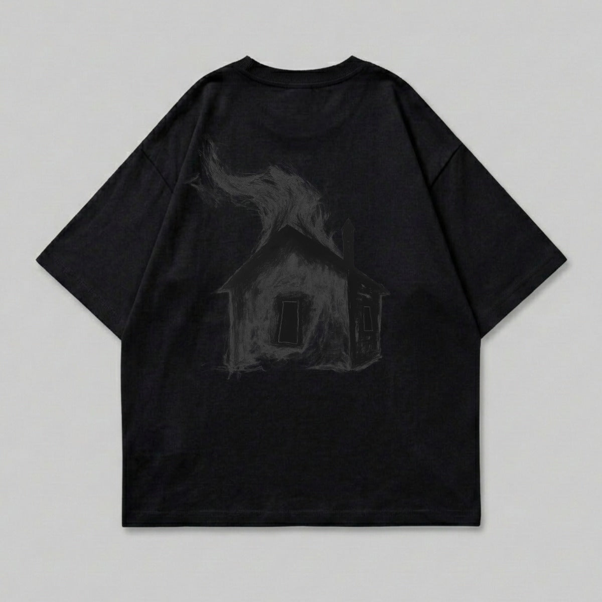 Black Burning House Graphic Oversized Dark Streetwear product type