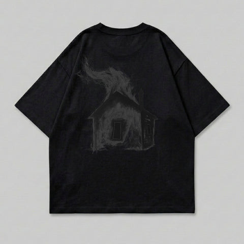 Black Burning House Graphic Oversized Dark Streetwear product type