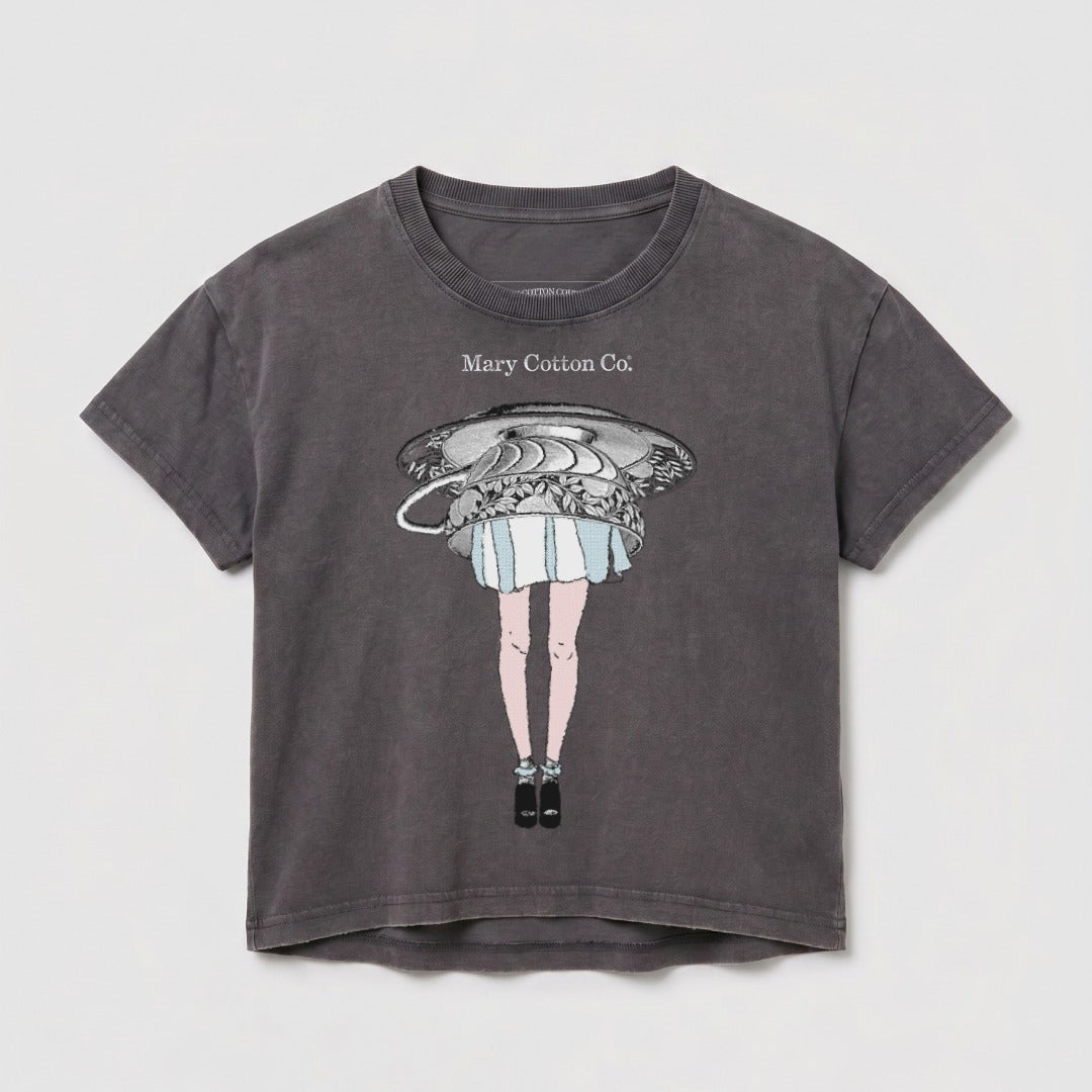Gray t-shirt with a graphic of a person's legs and a hat.