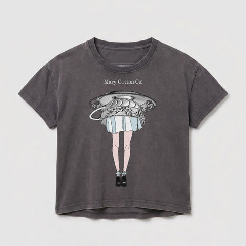Gray t-shirt with a graphic of a person's legs and a hat.