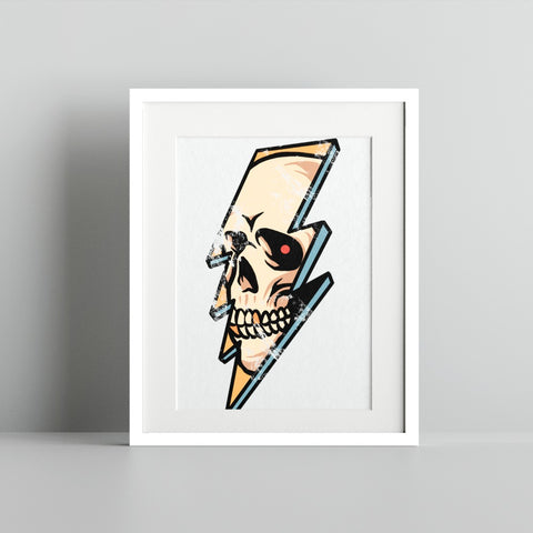 Lightning Bolt Skull Art Print Illustration for Home Decor