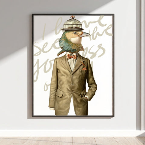 Stylish Bird in Suit with Birdcage Hat Art Print