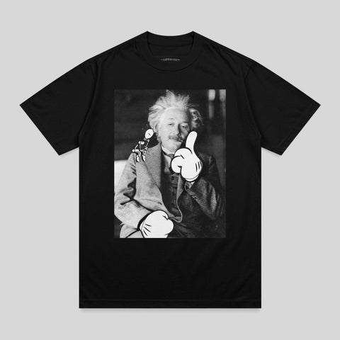 Black t-shirt with Albert Einstein giving a thumbs up, Snoopy in cartoon style.