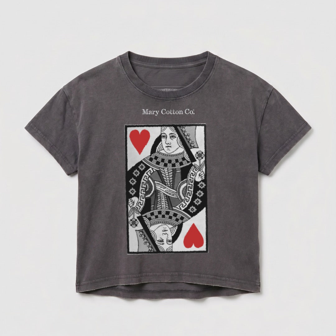 Gray t-shirt with Queen of Hearts playing card graphic and "Mary Cotton Co." text.