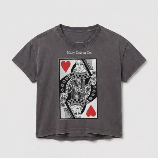 Gray t-shirt with Queen of Hearts playing card graphic and "Mary Cotton Co." text.