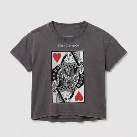 Gray t-shirt with Queen of Hearts playing card graphic and "Mary Cotton Co." text.